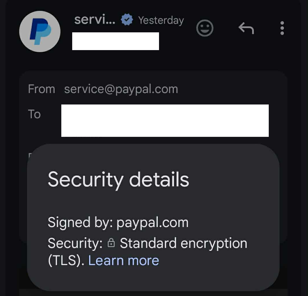 Zoom of Gmail verified sender popup saying signed by paypal.com